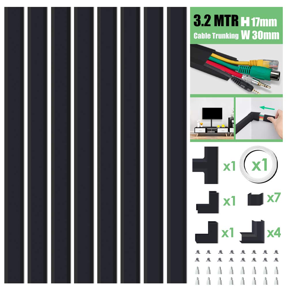 MUDEELA Cable Trunking Kit, Cable Concealer, Cable Tidy Cable Raceway, Cable Management Kit for Home Office - 8X L400mm, W30mm H17mm, Black