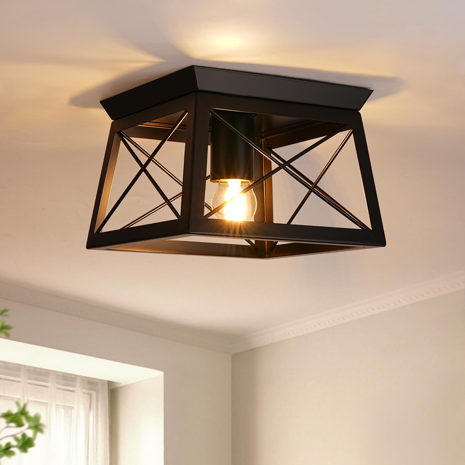 FORCOSO Black Ceiling Light Fixtures - E27 Industrial Flush Mount Ceiling Light 1-Light LED Square Metal Vintage Ceiling Lamp for Hallway Entryway Bedroom Living Room Kitchen - NO Bulb