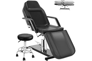 KIIUMI Facial Tattoo Chair Hydraulic Lash Esthetician Bed for Client, Beauty Barber Massage Table with Rolling Stool, Adjustable 360° Swive 3-Section Artist Spa Salon Chair Equipment, Black