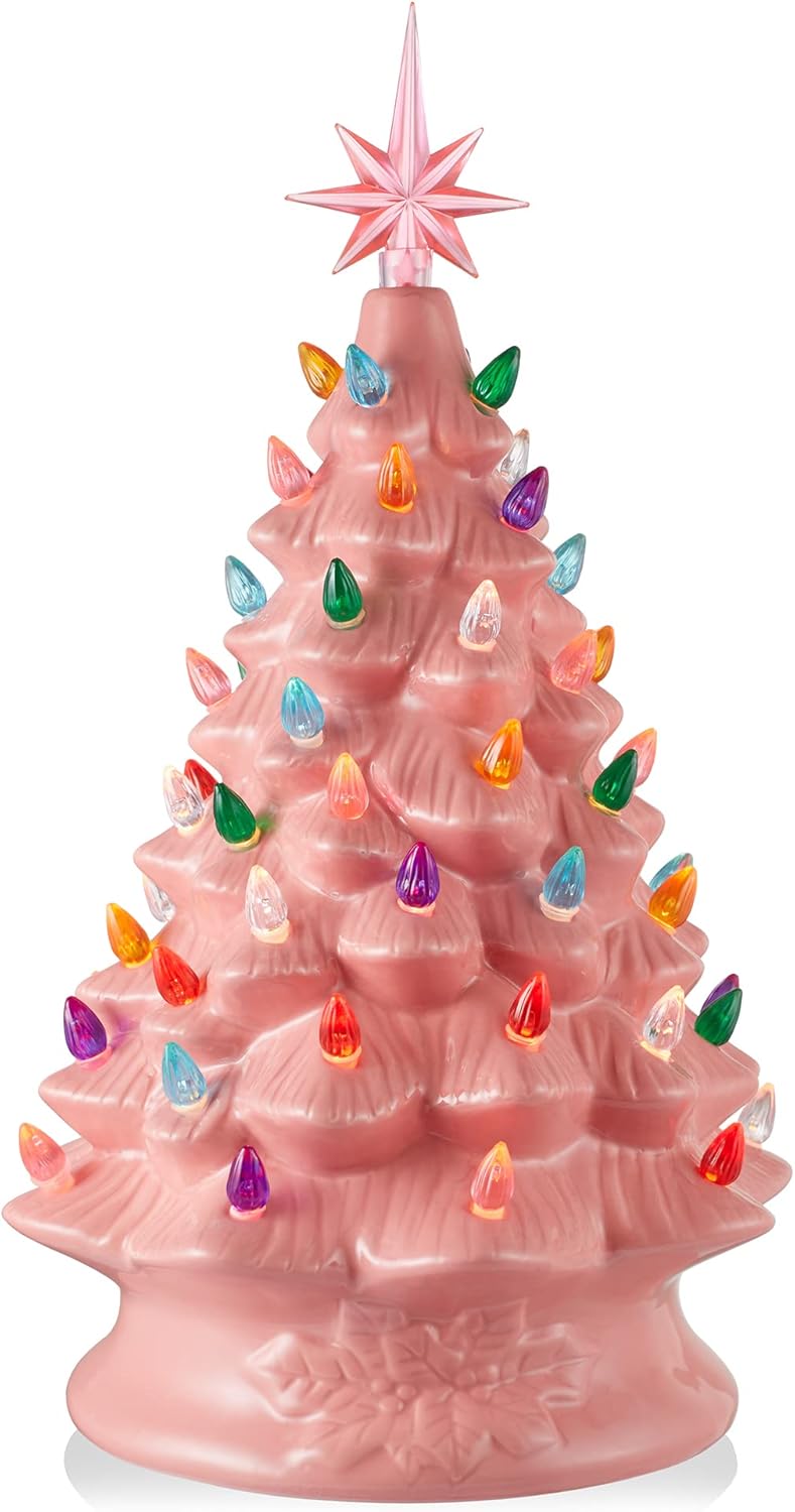 Tree Toppers - Casafield Hand Painted Ceramic Christmas Tree, Pink 15-Inch Pre-Lit Tree with 128 Multi Color Lights and 2 Star Toppers