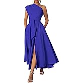 Ekaliy Women's One Shoulder Belted Maxi Dress Long Formal Wedding Guest Dress with Pockets