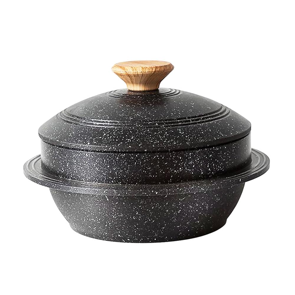 Bobikuke Cast Aluminum Pot with Lid, 18 cm Non-Stick Casserole Dish Korean Stone Bowl Induction Compatible, Black