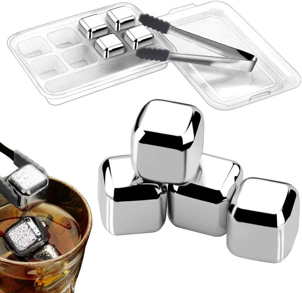 Cyimi Whiskey Ice Cubes Reusable Stainless Steel, 8 PCS Whiskey Chilling Stones for Wine and Beverage, with Silicone Head Tongs and Ice Cube Storage Trays