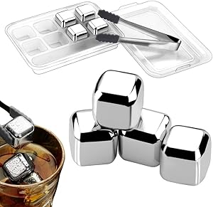 Cyimi Whiskey Ice Cubes Reusable Stainless Steel, 8 PCS Whiskey Chilling Stones for Wine and Beverage, with Silicone Head Tongs and Ice Cube Storage Trays