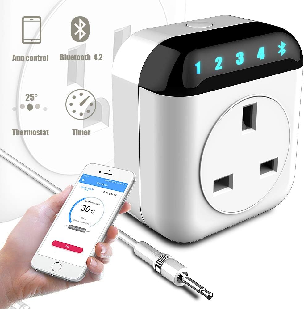 NASHONE Bluetooth Smart Plug App Remote Control Socket with Thermostat, Timing and Countdown Function, Digital Temperature Controller with Heating and Cooling Mode Pre-Wired Sensor Probe. 2300W
