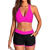 Bikini with Shorts for Women - Halter Two Piece Swimsuits High Waisted Bathing Suits with Pocket 2026 Boyshorts Swimwear Hot Pink and Black L
