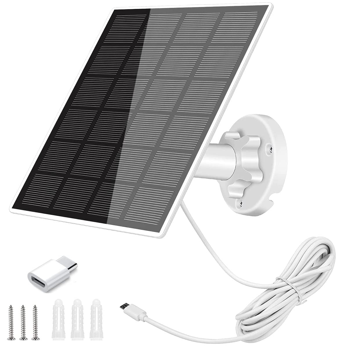 5W Solar Panel With 360° Adjustable Mount and IP65 Waterproof Charger - USB Charging Cable for Security Camera, Micro and USB-C Port (1pcs)