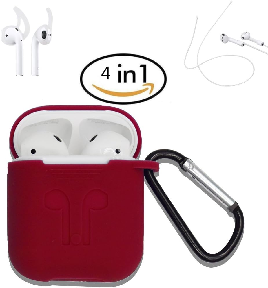 Airpods Case, Airpods Strap, Airpods Ear Hooks, For AirPods Charging Case Cover, Airpods Silicone Protective Cover with Earphone Sports Anti-lost Strap with Silicone Protective Earhooks, Airpods Replacement Accessories (Red)