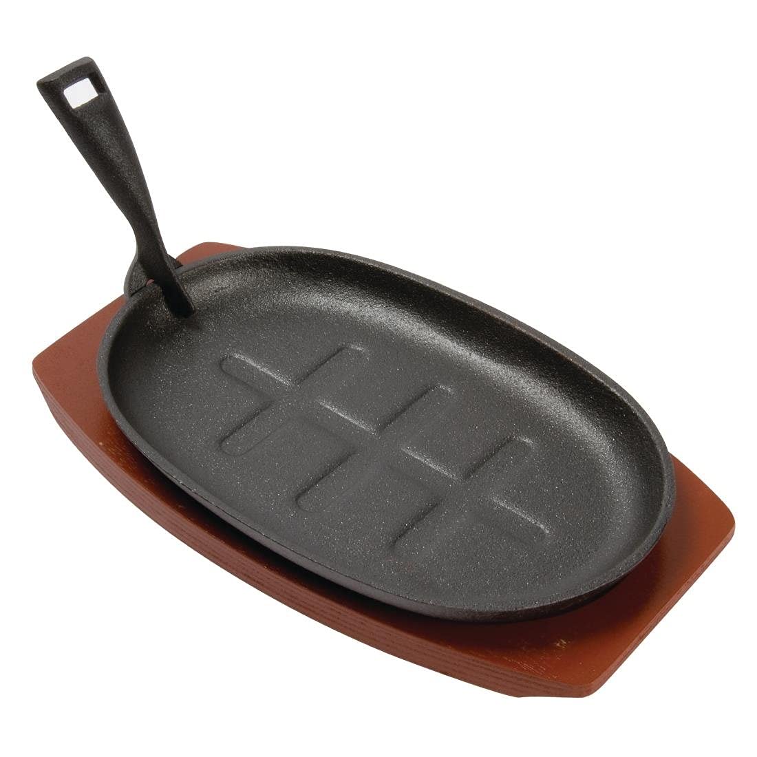 Olympia Cast Iron Oval Sizzler with Wooden Stand 280mm, Size: 280(W) x 190(D) mm - Ideal for Serving Curries, Steaks, Kebabs - Non Stick when Seasoned, Commercial Restaurant or Home Use, CC310