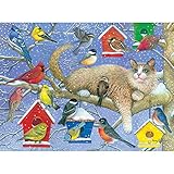Bits and Pieces - 300 Large Piece Jigsaw Puzzle for Adults - The Party Crasher - 300 pc Birds, Cat, Birdhouses Jigsaw by Artist Amy Rosenberg