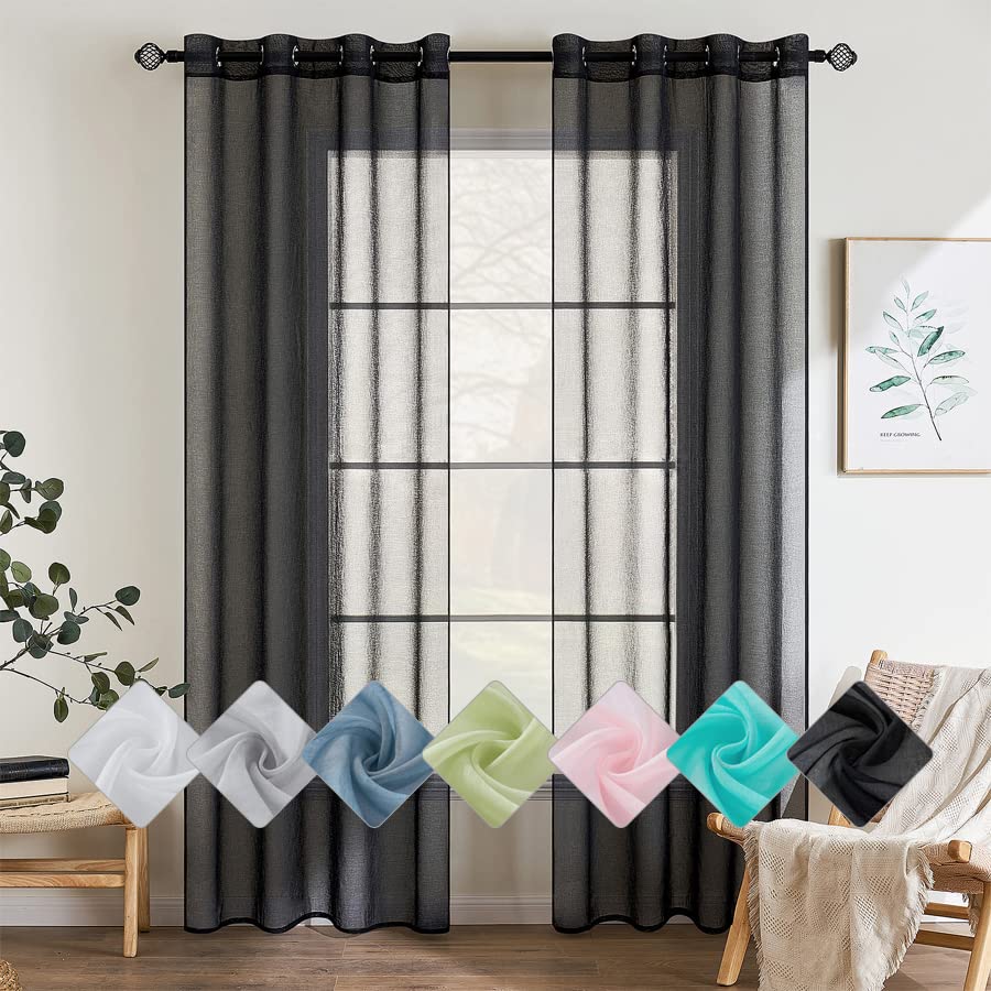 EMEMA Set of 2 Sheer Voile Curtains with Eyelets Transparent Voile Polyester Eyelet Curtain Transparent Living Room Airy Decorative Curtain for Bedroom 140 x 175 cm (W x H) Black