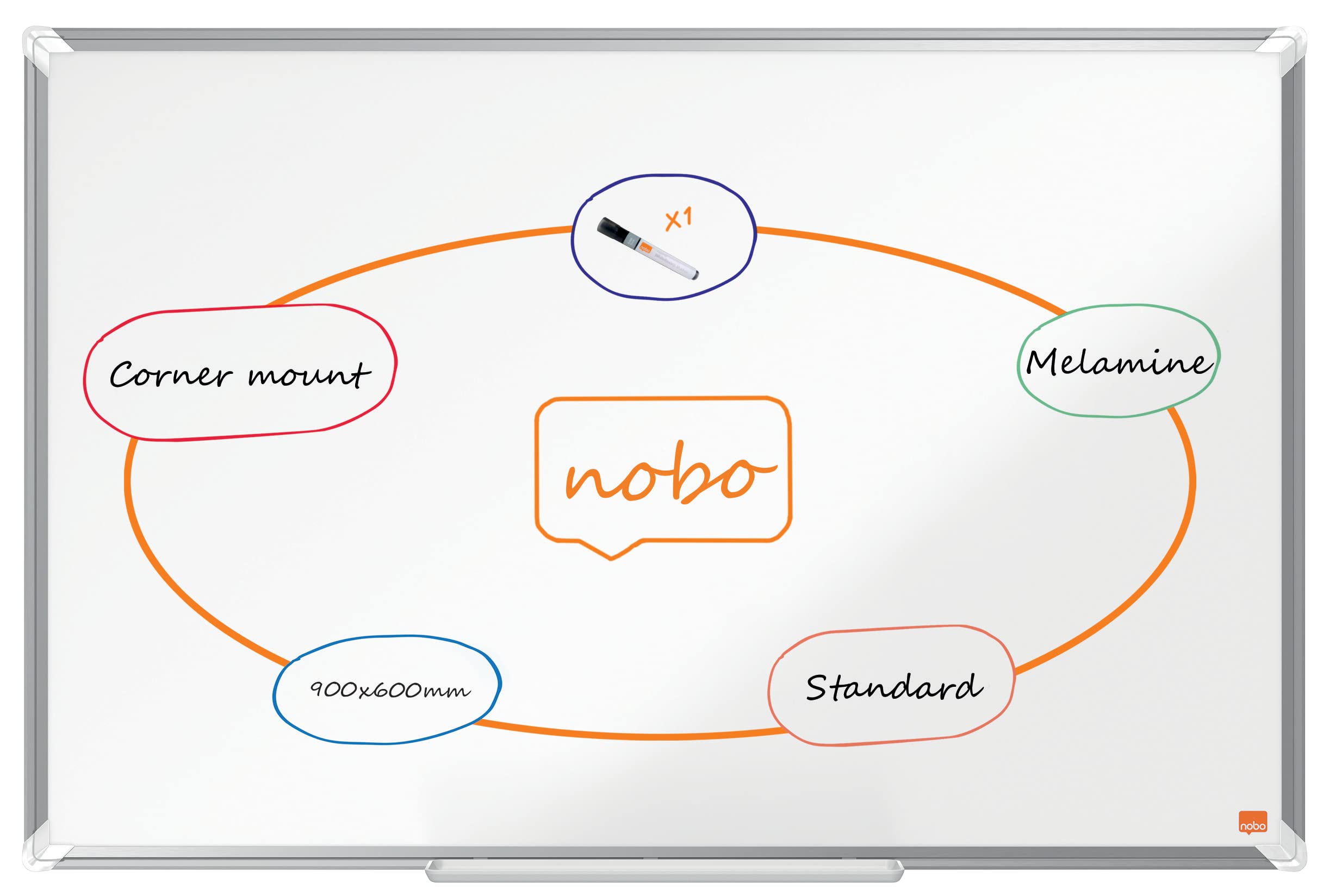 Nobo Melamine Whiteboard, Non-Magnetic, 900 x 600mm, Aluminium Trim, Corner Wall Mounting, Includes Whiteboard Pen, Premium Plus, 90 x 60cm, White, 1915167