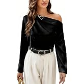 Womens Satin Off Shoulder Top Long Sleeve One Shoulder Asymmetrical Blouse | Long Sleeve Elegant Shirt, Relaxed Loose Fit Blouse, Asymmetric Neckline Drape, Going Out Tops, Date Night Outfits