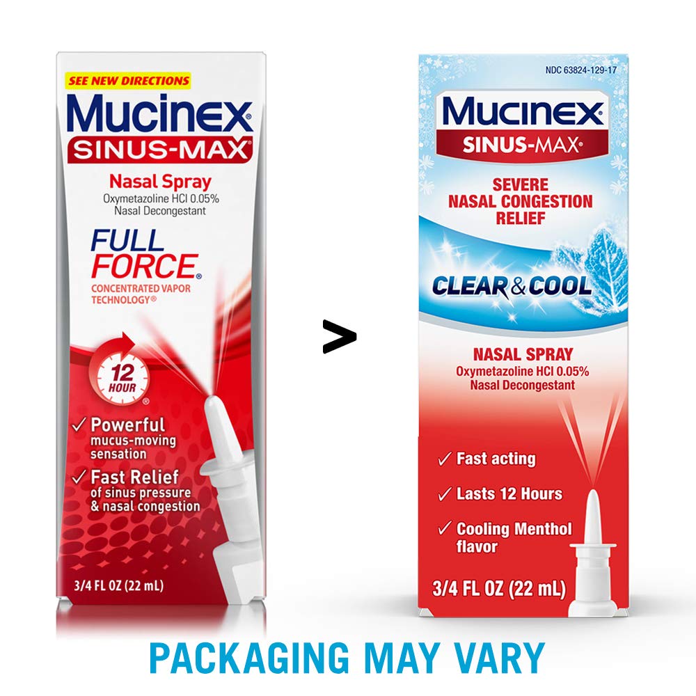 Mucinex Nasal Decongestant Spray, Sinus-Max Severe Nasal Congestion Relief Clear & Cool Nasal Spray, 0.75 fl. oz., Lasts 12 Hours, Fast Acting, Cooling Menthol Flavor, Packaging May Vary (Pack of 6) : Nasal Strips : Grocery & Gourmet Food