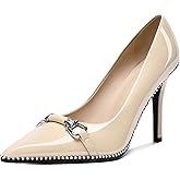 AUMOTED Women Beaded Pumps Pointed Toe Buckle Bow High Heel Stilettos Slip On 3.5 Inch Dress Shoes Office Party Patent Leather US Size 5-13