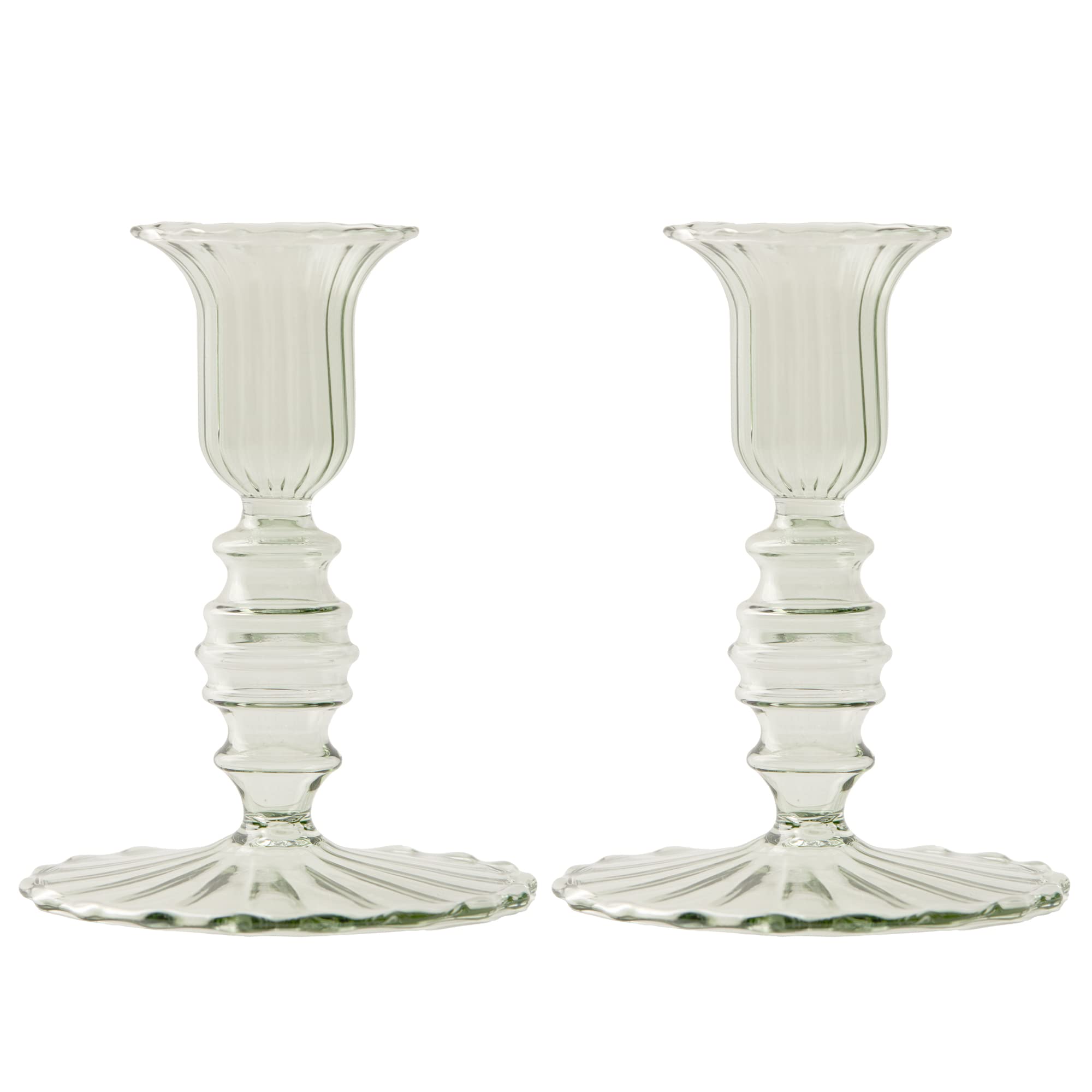 CLIO & CLOVER Candle Holders Set of 2 - Glass flute candle holders - Set of two candle holders perfect for pillar candles (Green)