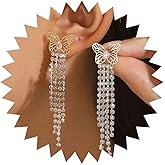 Erimberate Bohemian Butterfly Crystal Dangle Earrings Cz Tennis Chain Drop Earrings Gold Hollow Butterfly Stud Earrings Long Rhinestone Chandelier Earrings Jewelry for Women Gifts