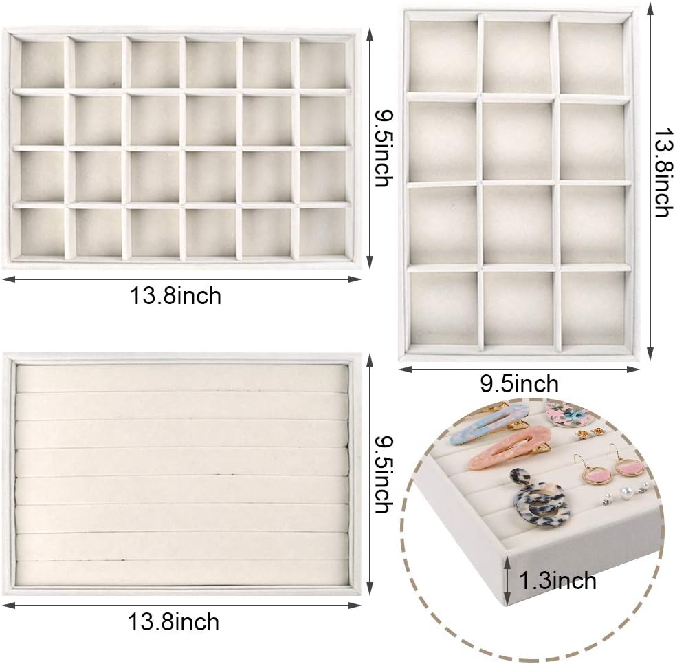 Mebbay Stackable Velvet Jewelry Trays Organizer, Jewelry Storage Display Trays All Velvet for Drawer, Earring Necklace Bracelet Ring Organizer, Set of 3 (Creamy White): Home & Kitchen