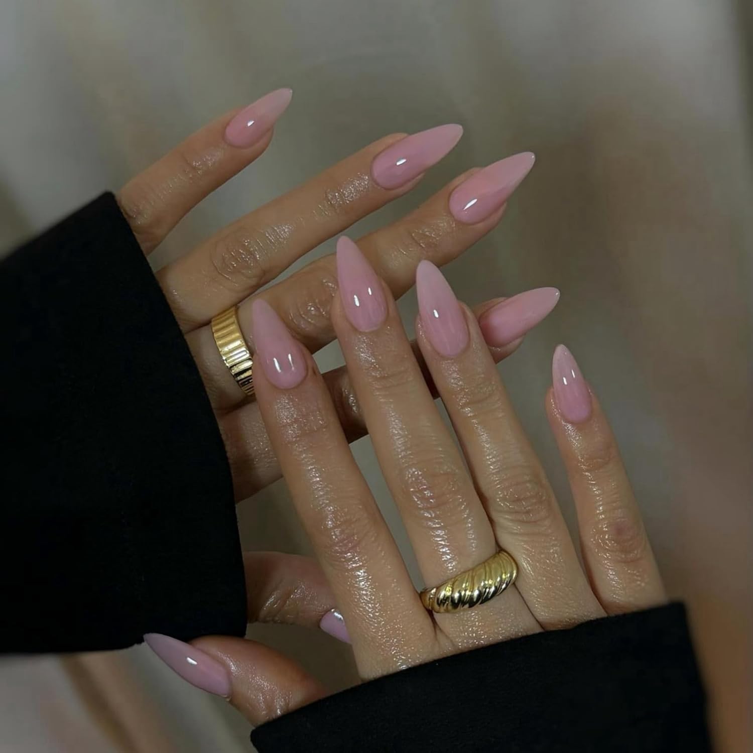 KQueenest 48 Pcs Dusty Pink Press on Nails Almond Medium, Pink Nails Press on, Solid Color Medium Fake Nails Acrylic, Natural Glue on Nails Stiletto, Gel Stick on Nails for Women Finger Wear - Image 2