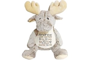 Personalized Christmas Moose Plush with Birth Stats – Custom Embroidered Stuffed Animal, Baby Keepsake Holiday Gift