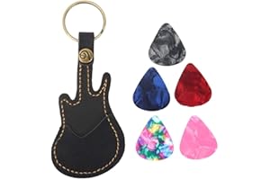 BNINETEENTEAM Guitar-Shaped Picks Holder Case - PU Leather Plectrum Holder With 5pcs Colorful Picks for Guitar Players (Black)