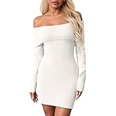 Wenrine Womens Off The Shoulder Sweater Dress Casual Ribbed Knit Long Sleeve Bodycon 2025 Fall Party Mini Dresses