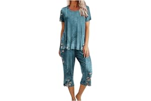 MRGIINRI Pajamas for Women 2024 Summer Trendy Short Sleeve Sleepshirt and Capri Pants Pjs Sets Loungewear with Pockets