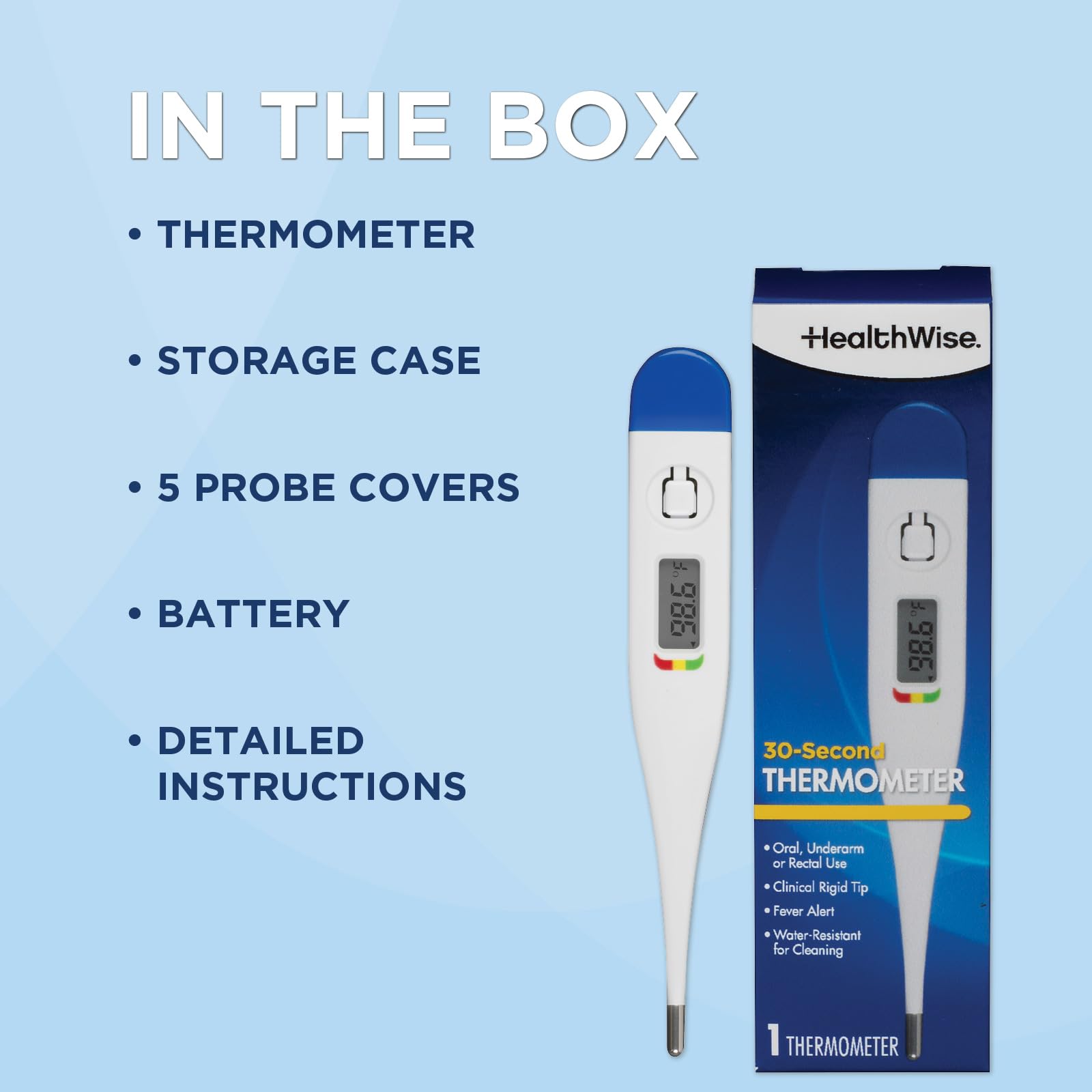 Healthwise Digital Thermometer | 30-Second Readout | Feverline Indicator | Clinical Rigid Tip | Hygienic Water-Resistant Easy Cleaning | Storage Case + Probe Covers Included