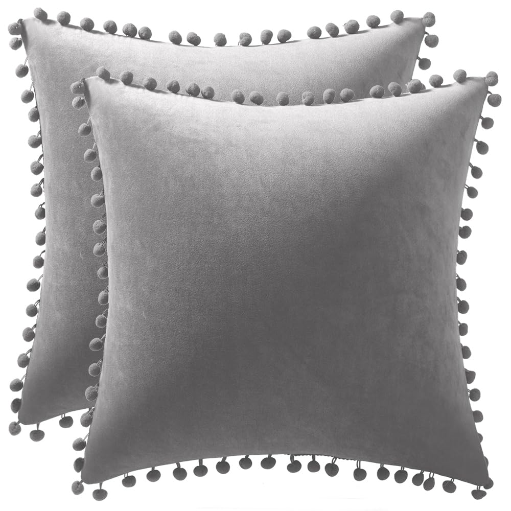 Photo 1 of DEZENE Decorative Pillow Cases 20x20 Light-Grey: 2 Pack Cozy Soft Pom-poms Velvet Square Throw Pillow Covers for Farmhouse Home Decor