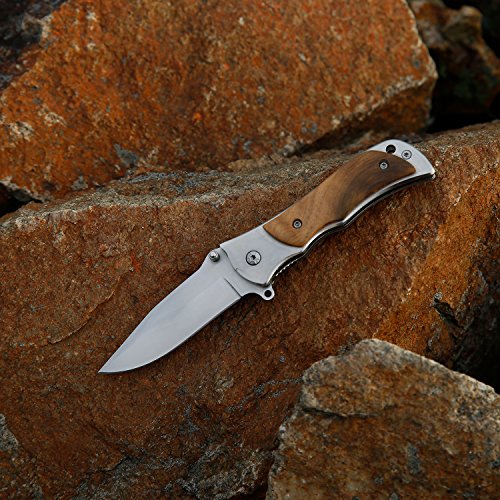 Naturous Folding Pocket Knife Survival Hunting Knife Wooden Handle with Liner Lock