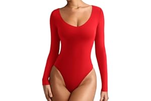 REORIA Women's V Neck Long Sleeve Bodysuits Comfy Double Lined Basic Tank Top Body Suits