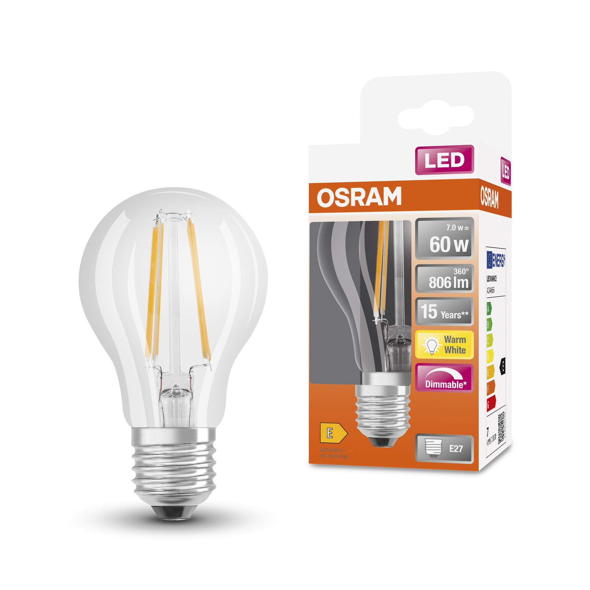 OSRAM Led Superstar Classic A60 Dimmable Led Lamp for E27 Socket, Pear Shape, Fil, 806 Lumens, Warm White (2700K), Replacement for Conventional 60W Light Bulbs, 1-Pack