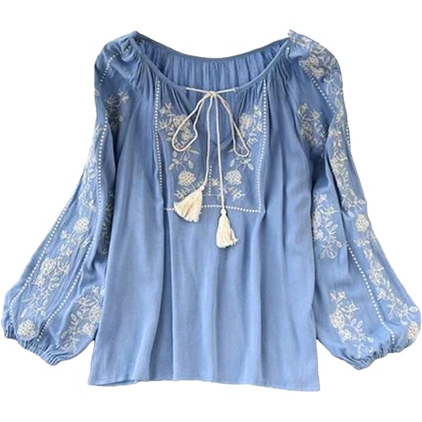 LIXINGHEITANG Women Embroidery Beach Bohemian Denim Cotton Blouse