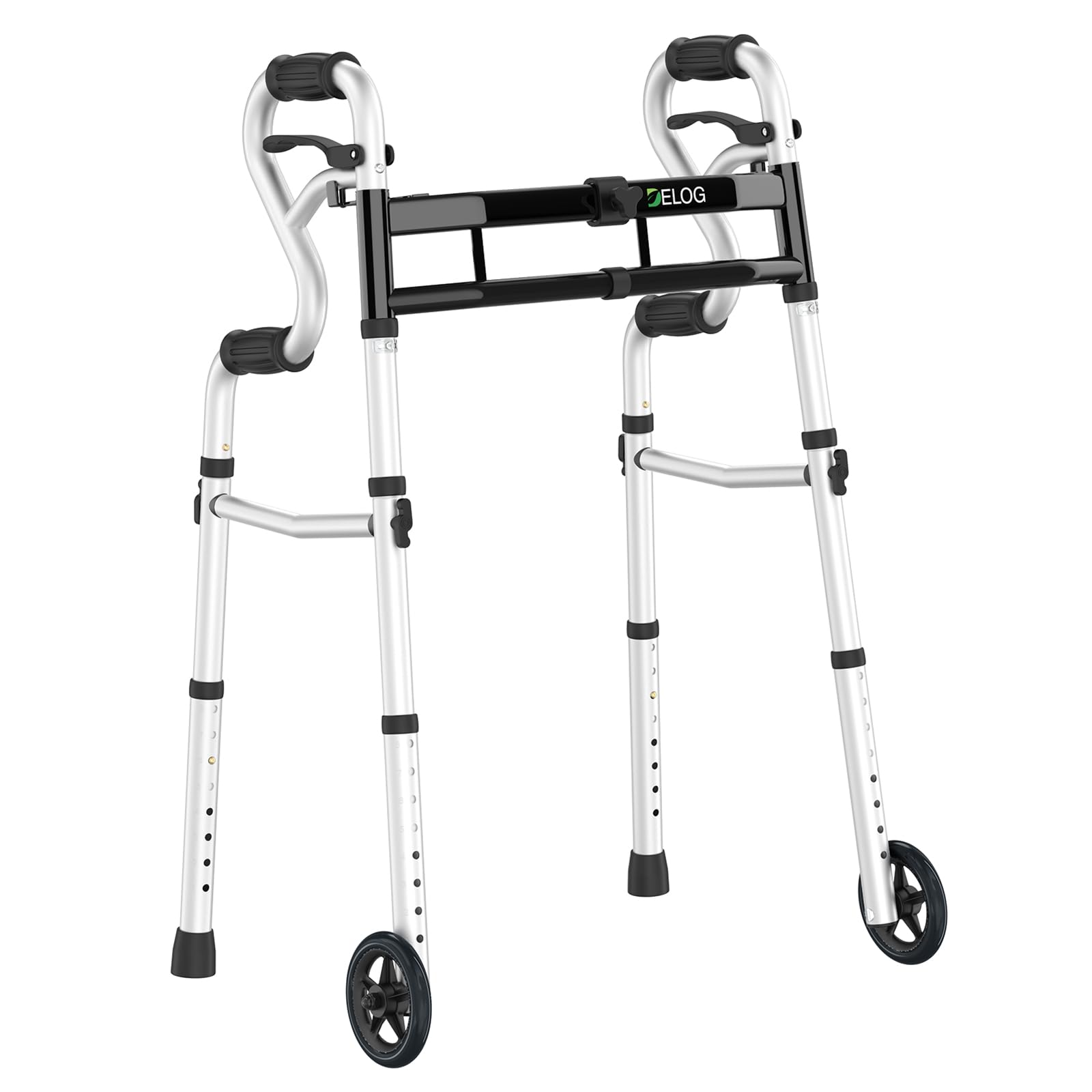 Delog Narrow Folding Walker for Seniors, 3 in 1 Folding Walker with 5” Front Wheels Width Adjustable Compact Standard Walker Support Up to 350lbs