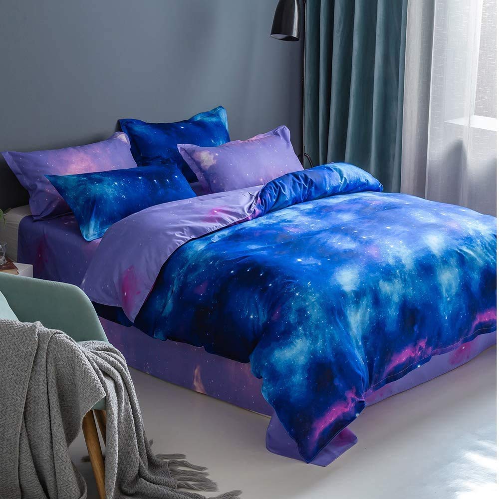 Girls Galaxy Duvet Cover Boys Blue Purple Starry Sky Bedding Set Double Size For Kids Teens Women Bedroom Decor Reversible Luxury Milky Way Outer Space Glitter Comforter Cover Chic Soft Zipper
