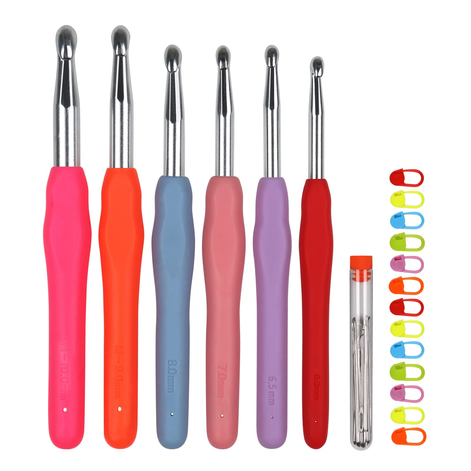Coopay Big Crochet Hooks Set, Solid Hooks Large Sizes 6.0mm 6.5mm 7.0mm 8.0mm 9.0mm 10mm, Crochet Hooks Sets with Soft Grip, Chunky Metal Crochet Hook with Ergonomic Handle for Arthritic Hands