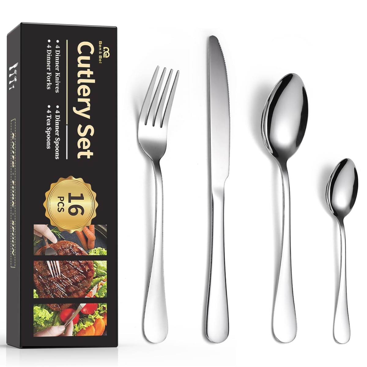 16-Piece Cutlery Set for 4 Persons–Ben & Bel Stainless Steel Knife, Fork and Spoon Tableware Set–Easy-Clean & Dishwasher-Safe