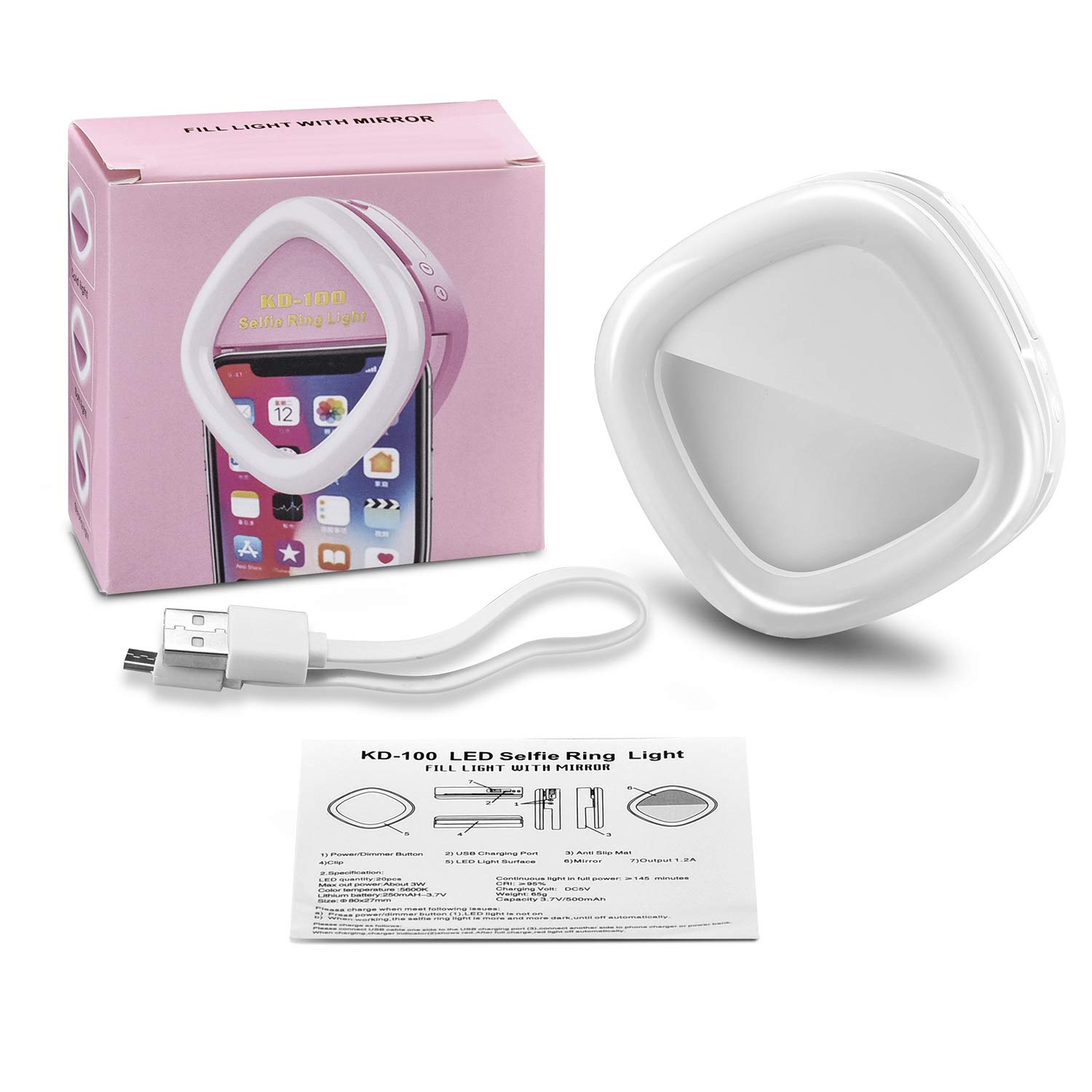 Selfie Ring Light, Solarxia Rechargeable Selfie Lights with Makeup Mirror [52 LED Bulbs][3-Light Mode][9-Level Brightness] for iPhone iPad MacBook Laptop Android Camera(White)