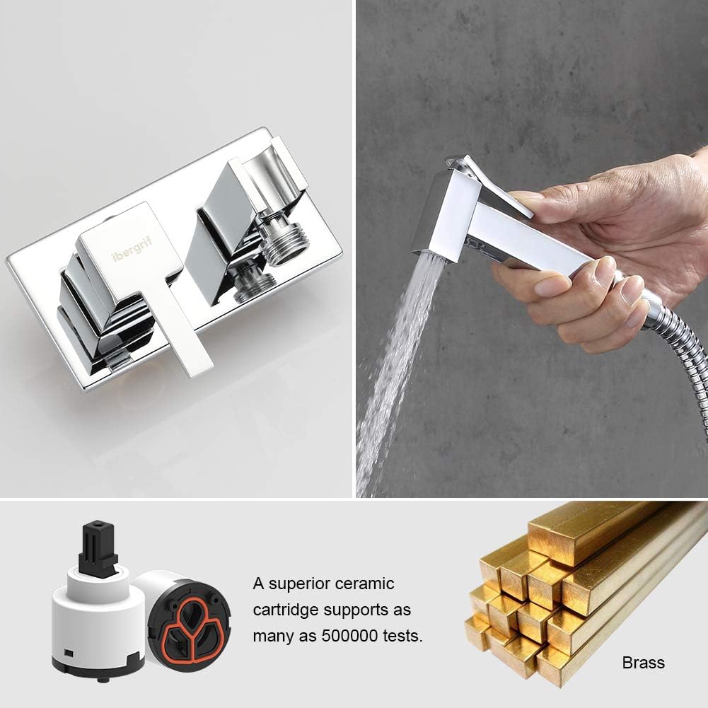 Ibergrif M22011 Square Concealed Shower Mixer Set, Hot and Cold Bidet Spray with Shattaf Sprayer, Hose Pipe, Chrome, Silver - Image 4