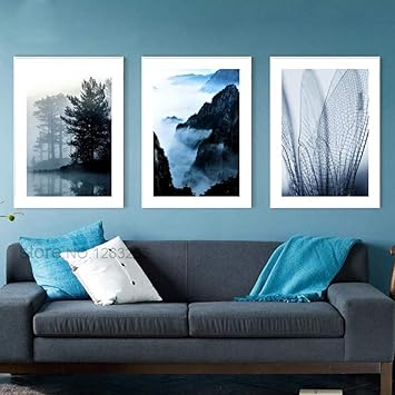 Azul Marino Paisaje Nordic Poster Montana Arte De La Pared Lienzo