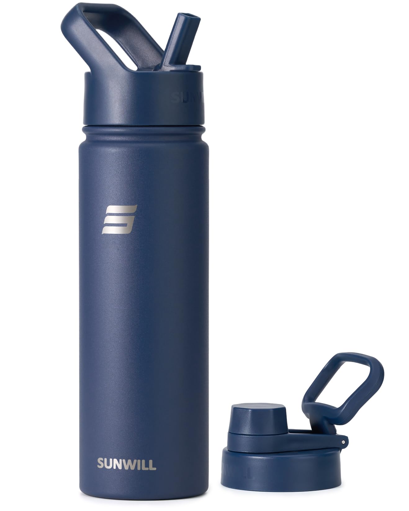 SUNWILL Stainless Steel Water Bottle with Straw, 650ml Insulated Water Bottle Metal, Leakproof Water Flask for Gym & Travel, Navy