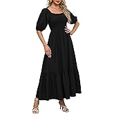 Lyrur Summer Boho Smocked Maxi Dresses for Women 2026 Casual Puff Sleeve Square Neck A Line Tiered Ruffle Ankle Length Dress