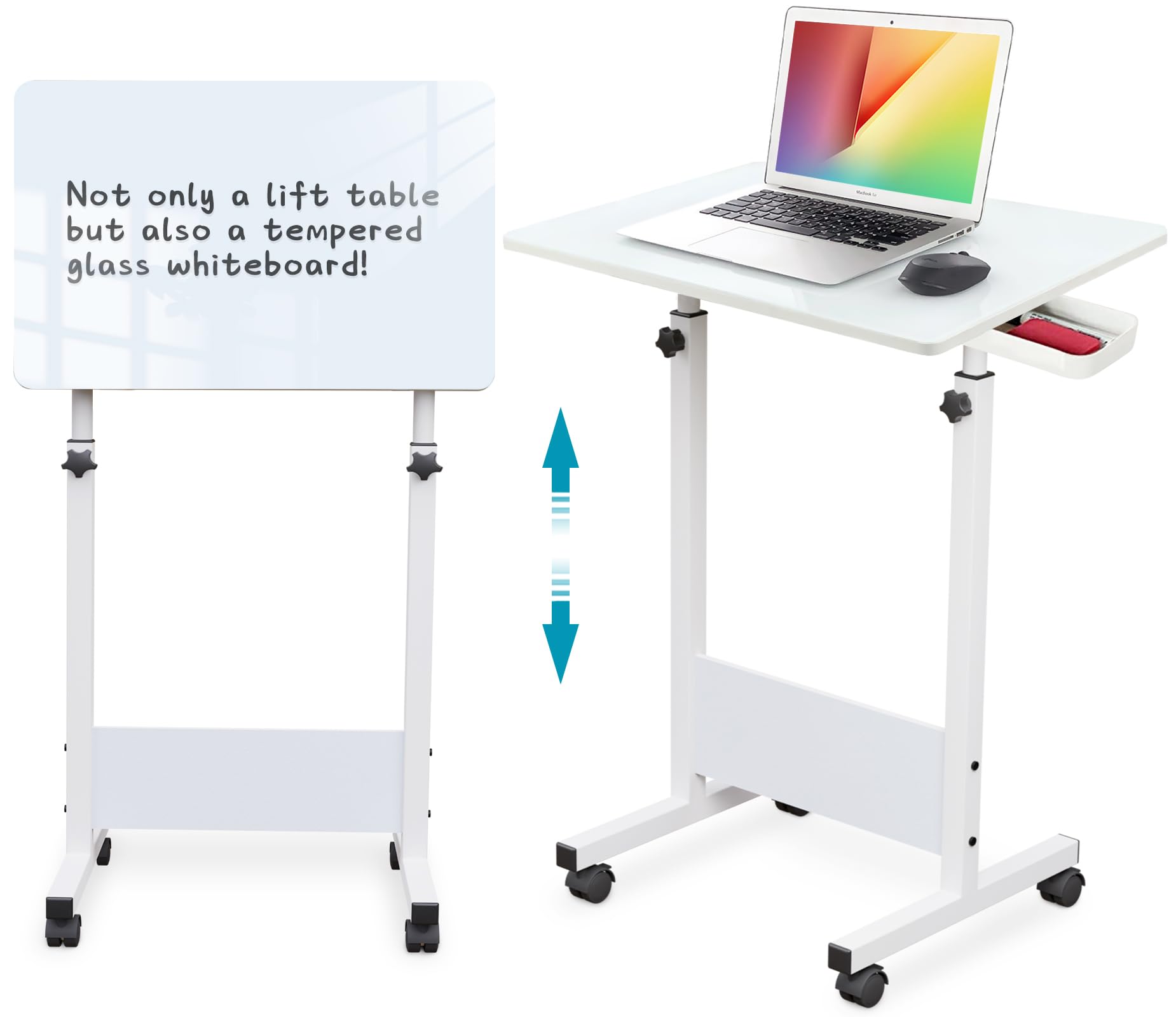 Photo 1 of KOUPA Adjustable Height Standing Desk, Writable Tempered Glass Desktop with Eraser, 360° Flip, Wheels – Ideal for Small Spaces and Home Offices, 31 in, White(Adjustable Height: 32-47 in)