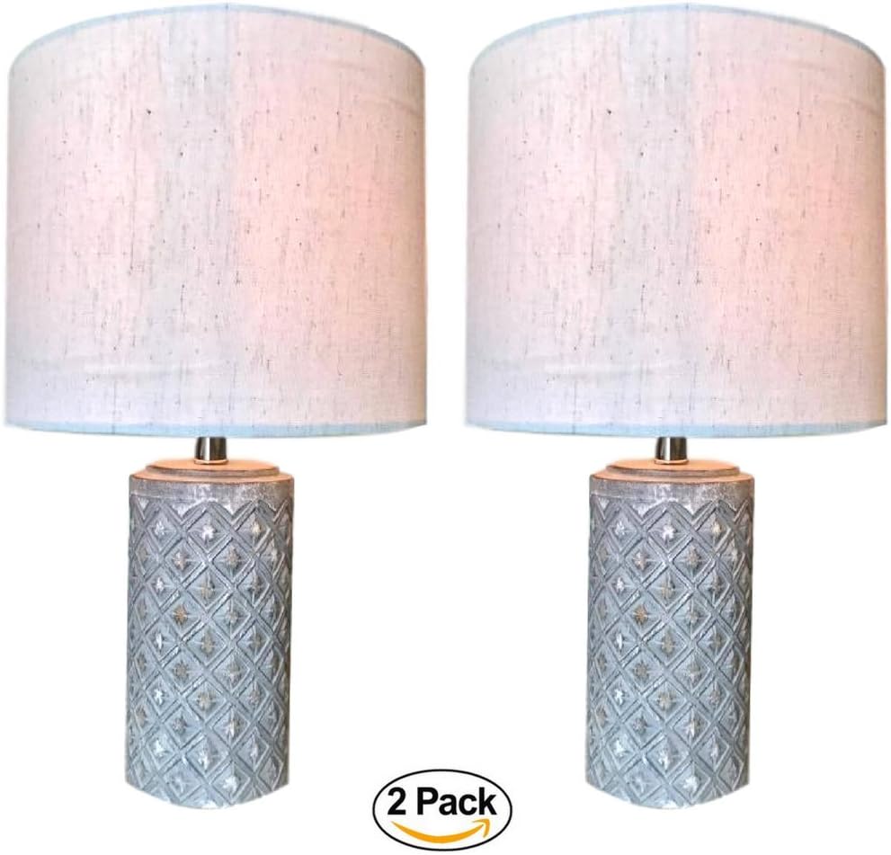 Boho Table Lamp Set of 2 - Small Grey Ceramic Base with Off-White Linen Shade | Rustic Decor Lamp for Bedroom, Side Table, Desk, or Office