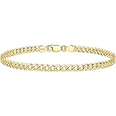 IEFWELL S925 Sterling Silver 14K Real Gold Plated Bracelet 4mm Diamond-Cut Cuban Link 6.5 7 7.5 8 8.5 9 Inches for Men Women Valentines Day Jewelry Gift
