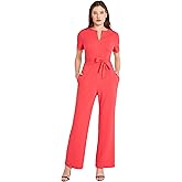 Donna Morgan womens Short Sleeve Notch Neck Jumpsuit With Waist Tie | Jumpsuits for Women Dressy