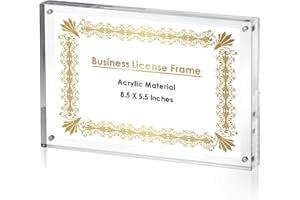 JUXYES 8.5 x 5.5 Clear Acrylic Business License Frame Magnetic Certificate Display Frame, Acrylic Sandwich Frames Frameless Picture Frame Tabletop Magnetic Frames for Business License Certificate