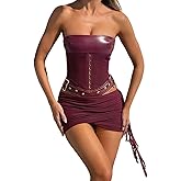 Womens 2 Piece Outfits Sexy Leather Backless Lace Up Corset Tube Top and Belt Ruched Mini Skirt Set Y2k Cute Going Out Set