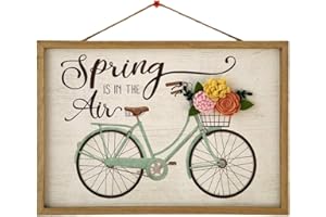 HOMirable Spring Wall Decor Bicycle Home Hanging Sign 3D Fabric Flowers Wall Plaque Spring is in the Air Wooden Sign Rustic Vintage Farmhouse Decoration Gift for Kitchen Living Dinning Room Bedroom