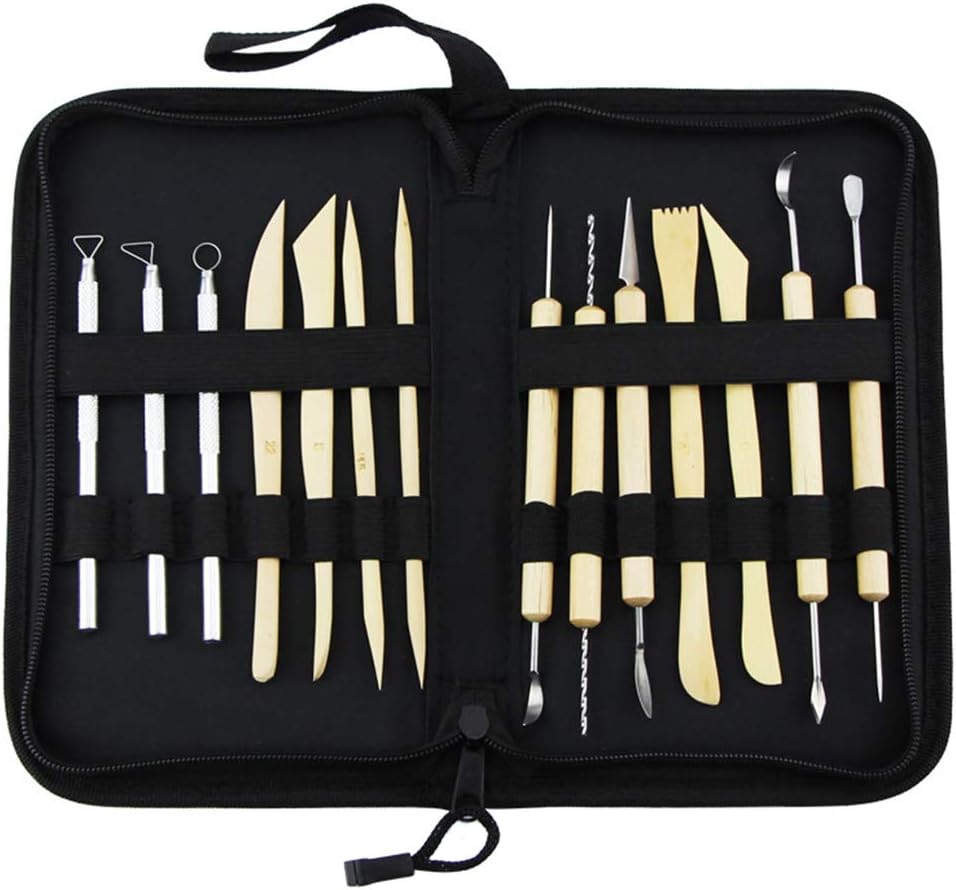 mreechan Modellierwerkzeug,14 Stück Carving Tools Clay Keramik Sculpting Ton Werkzeug mit eine Aufbewahrungstasche für Töpfer Künstler,Töpferwerkzeug Doppelseitige Carving Werkzeuge Sculpting Tools.